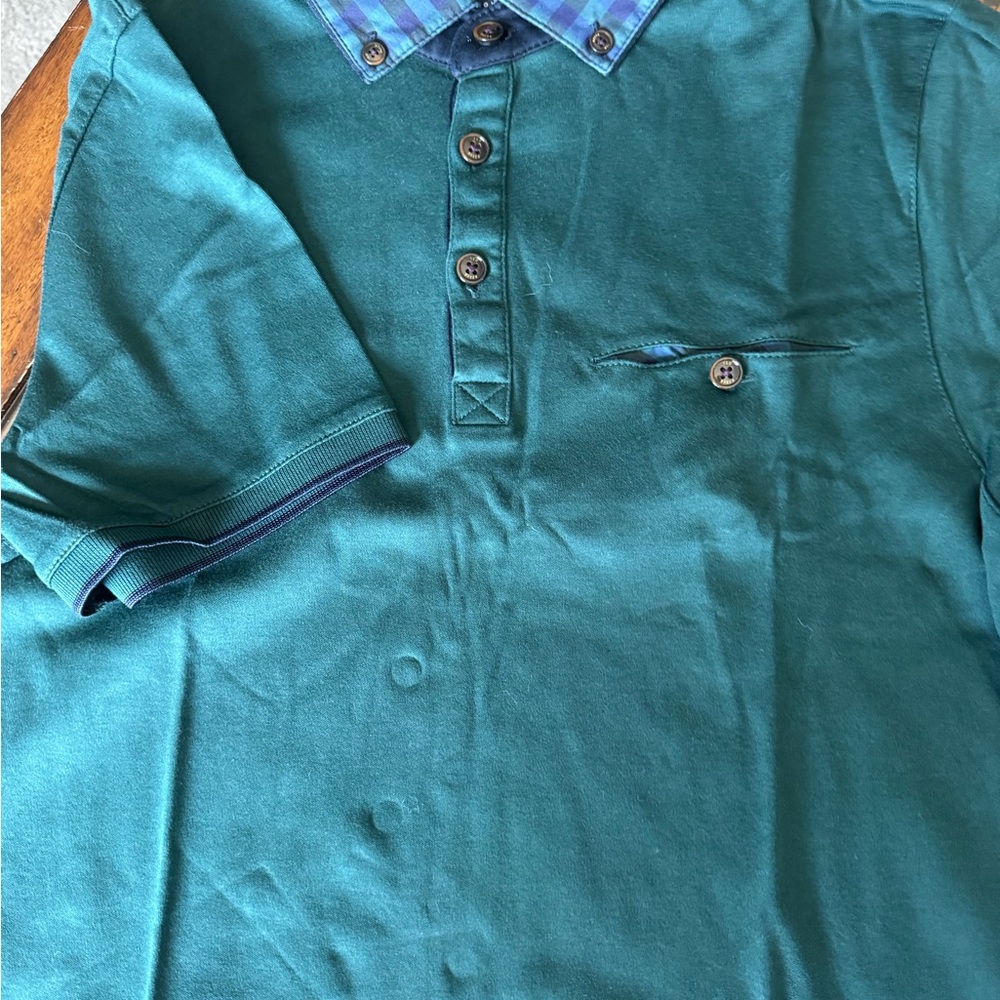 Ted Baker Teal Short-Sleeve Polo with Plaid Accent Collar